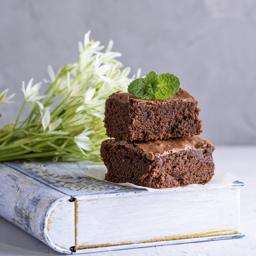 brownies with mint leaf on top
